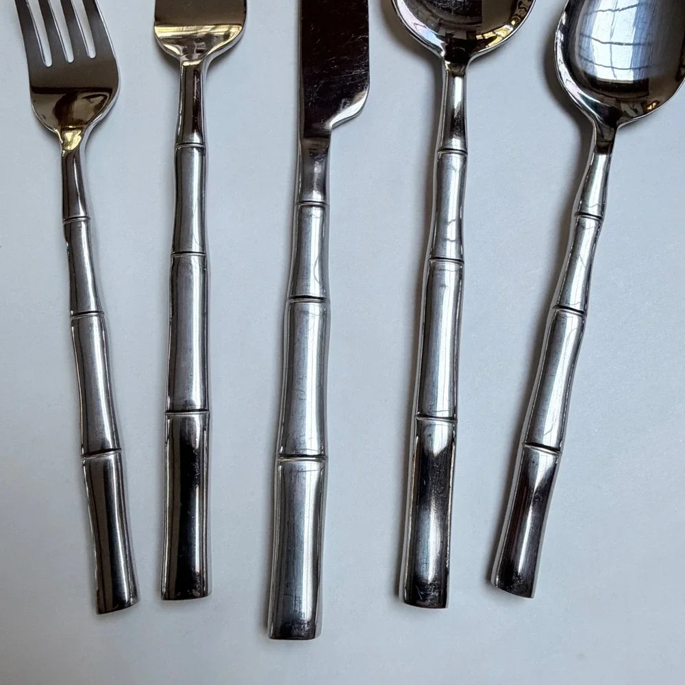 5 Piece Bamboo Handle Stainless Steel Flatware Set Silver Mirror Finish Service